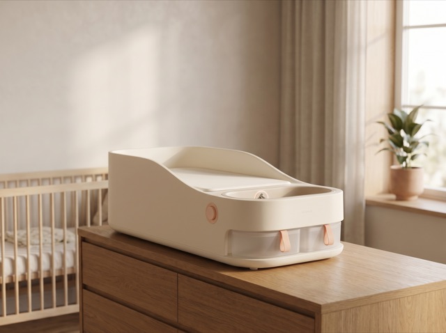 A real nursery with Bidei on the dresser beside a crib and a window plant.