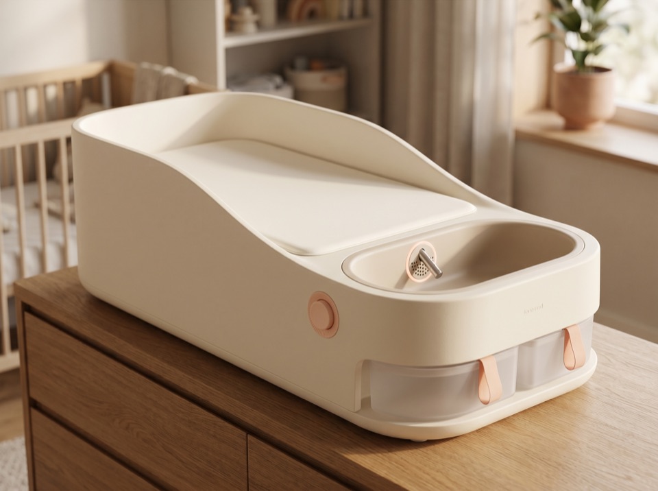 Bidei — a cream countertop changing station with contoured walls, a sand rinse basin, and peach touchpoints, on an oak dresser in a nursery.