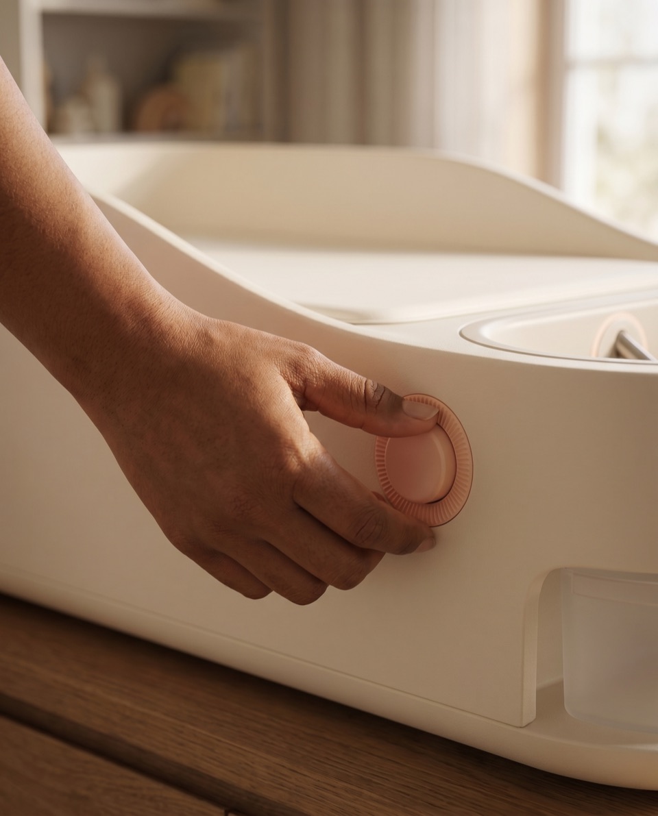A parent's hand turning Bidei's fluted peach soap-dose ring.