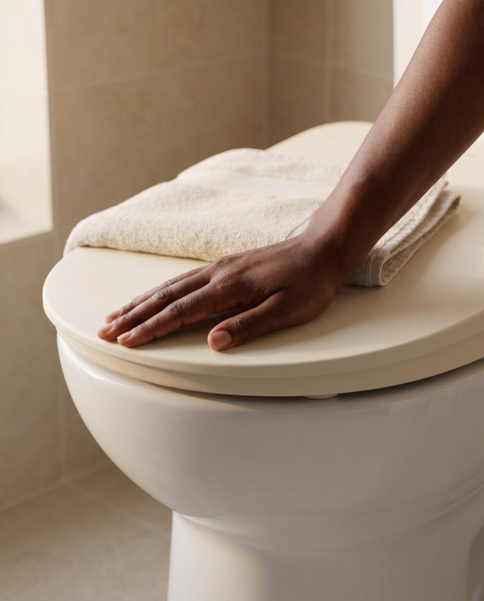 A hand resting on Midei's warm seat edge, a folded linen towel nearby.