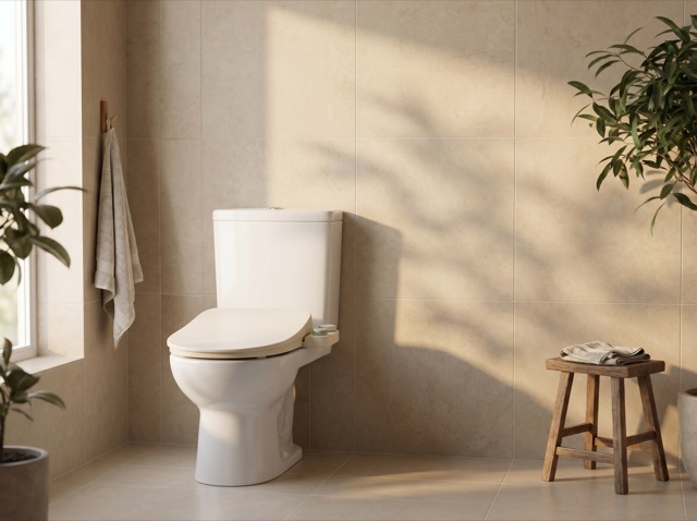 A calm bathroom with Midei's cream seat on the toilet, late-afternoon light raking across beige tile.