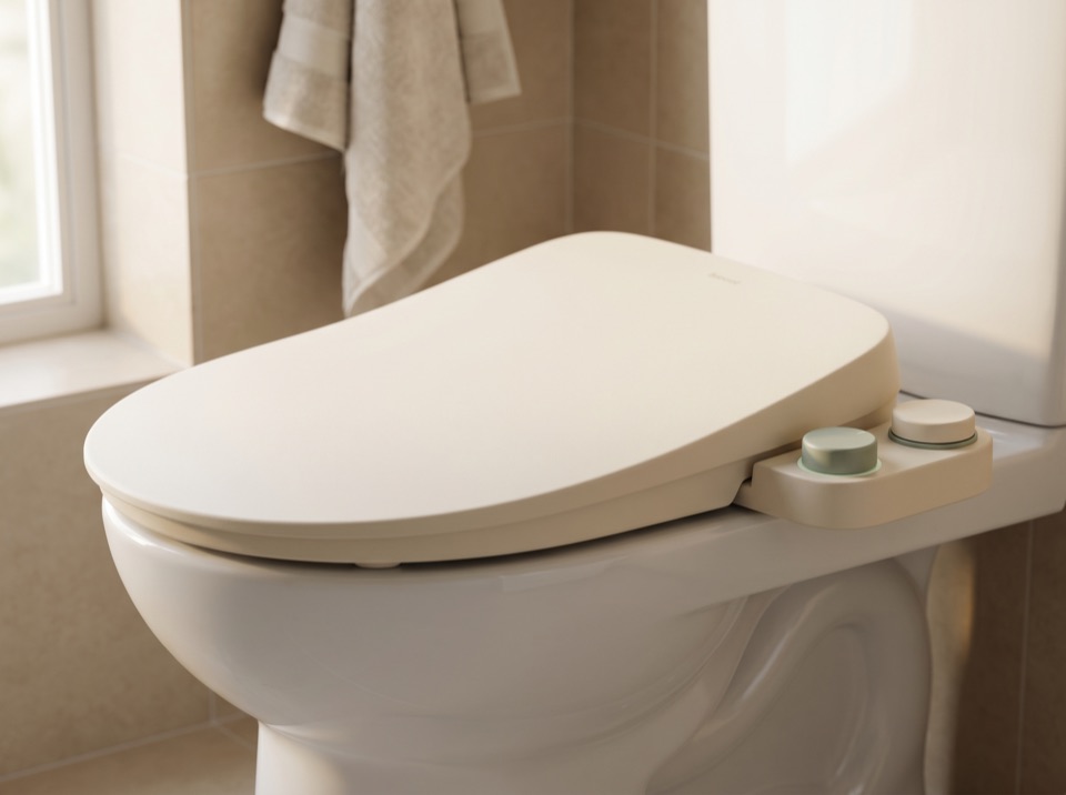 Midei — a warm cream bidet seat with a single sage dial, installed on a white toilet against soft beige tile.