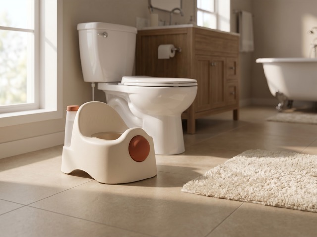 Todei at home on warm tile, small and sturdy beside the full-size toilet it teaches toward.