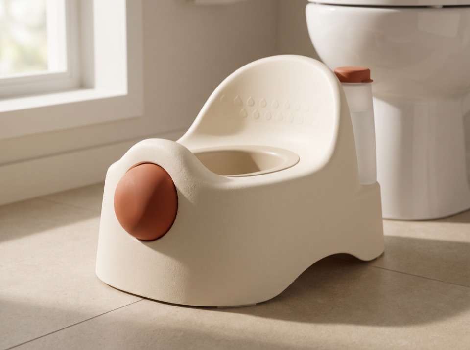 Todei — a cream toddler potty with a terracotta accent dome, beside a full-size toilet.